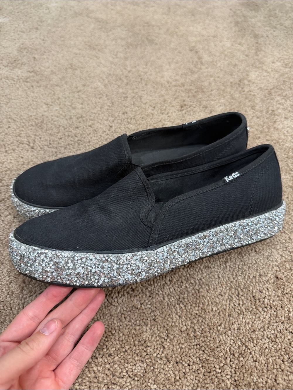 Keds Black Slip-On Flats with Silver Glitter Platform